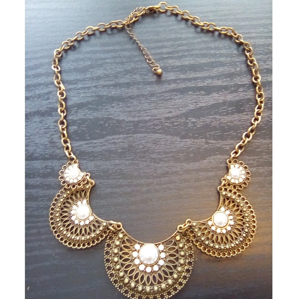 Antique Gold Tone Filigree Bib Pendant, Bohemian Statement Piece - Picture 3 of 6
